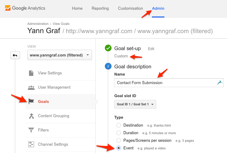 Google Analytics Goal setup window